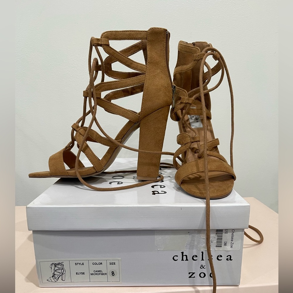 Chelsea & Zoe Elyse Camel/Brown Suede Lace-
up Gladiator Heeled Sandals size 8